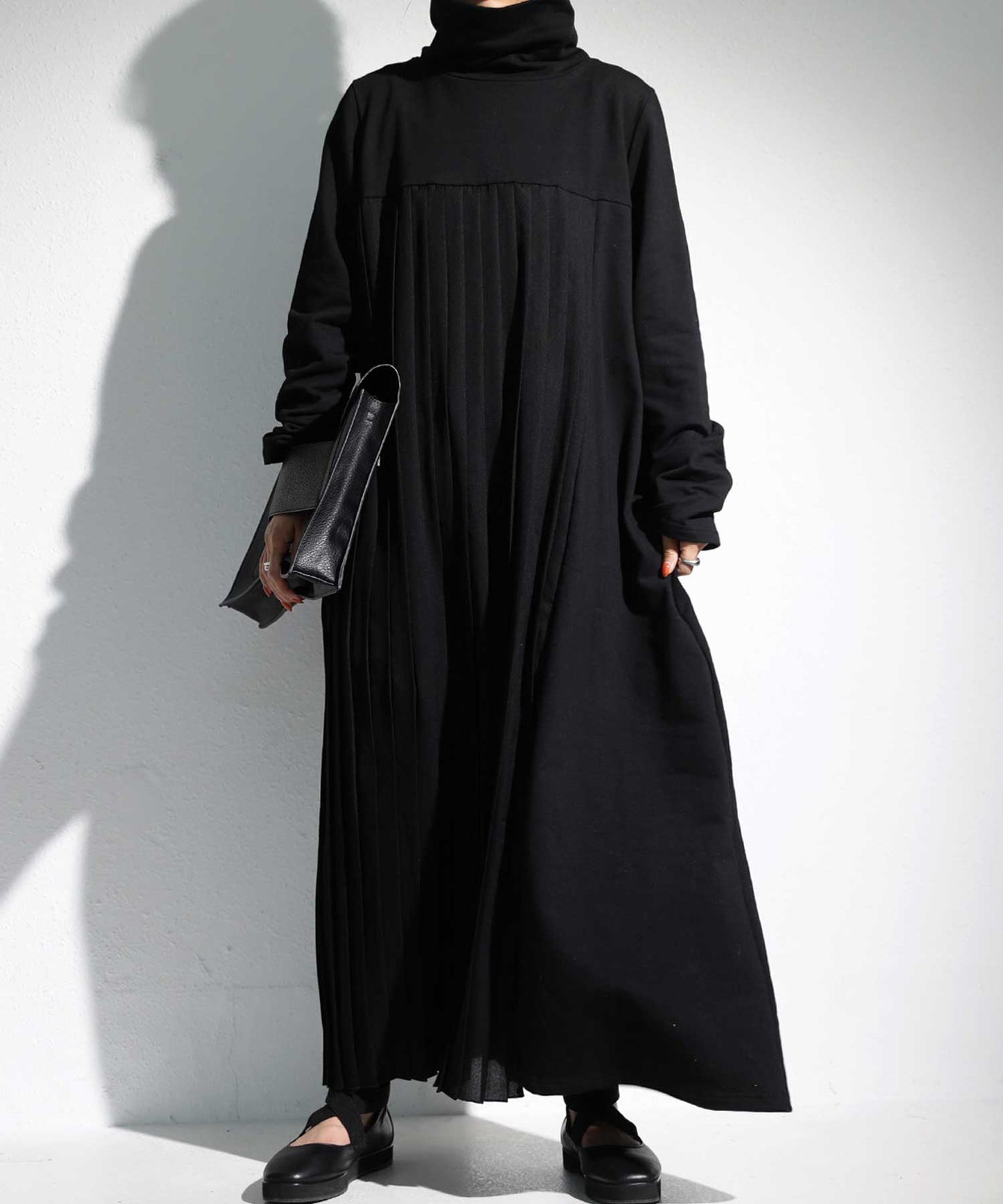 Pleated switchingcasual long dress long sleeve