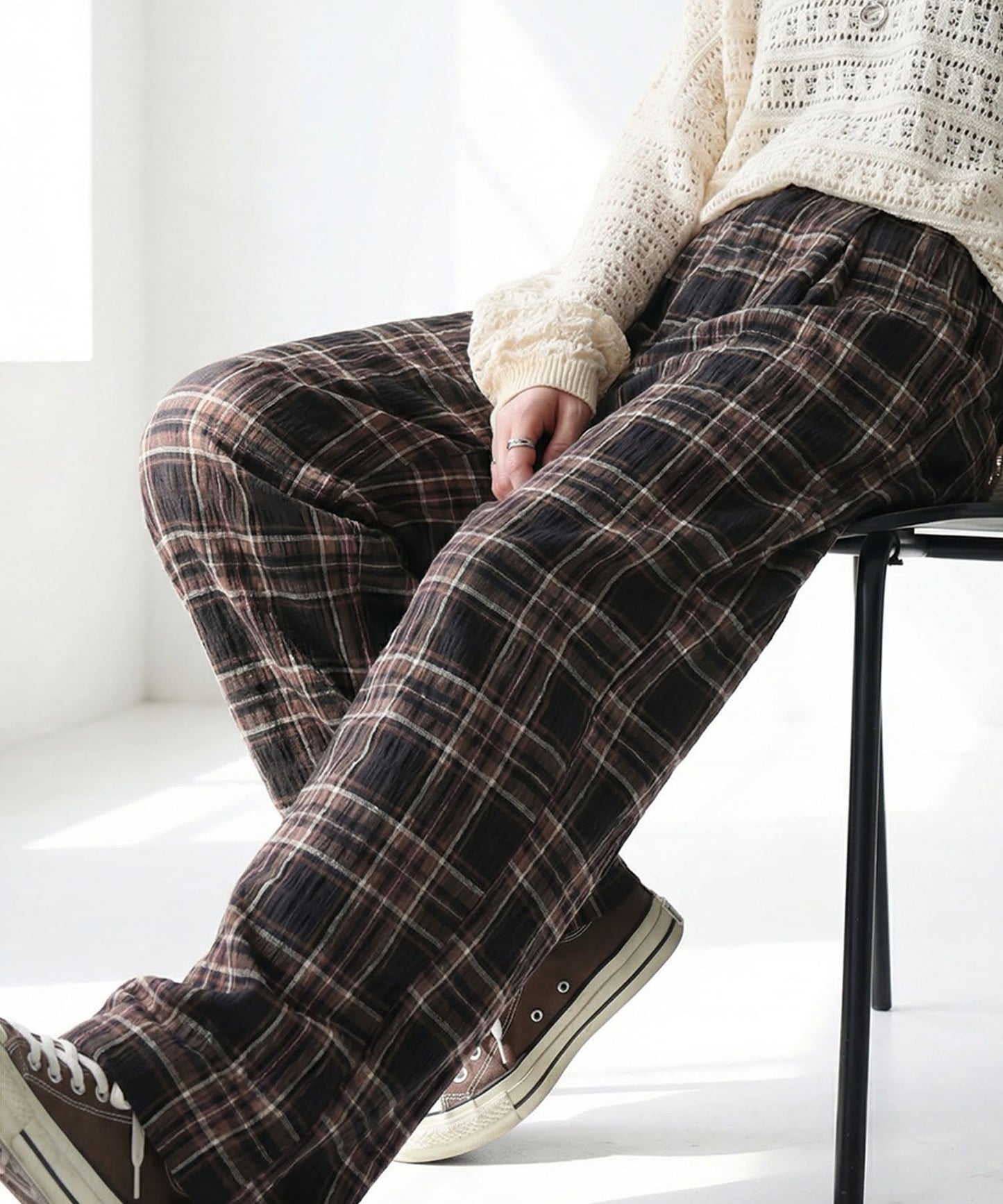 Indian Cotton Checkered Wide-Leg Pants Ladies