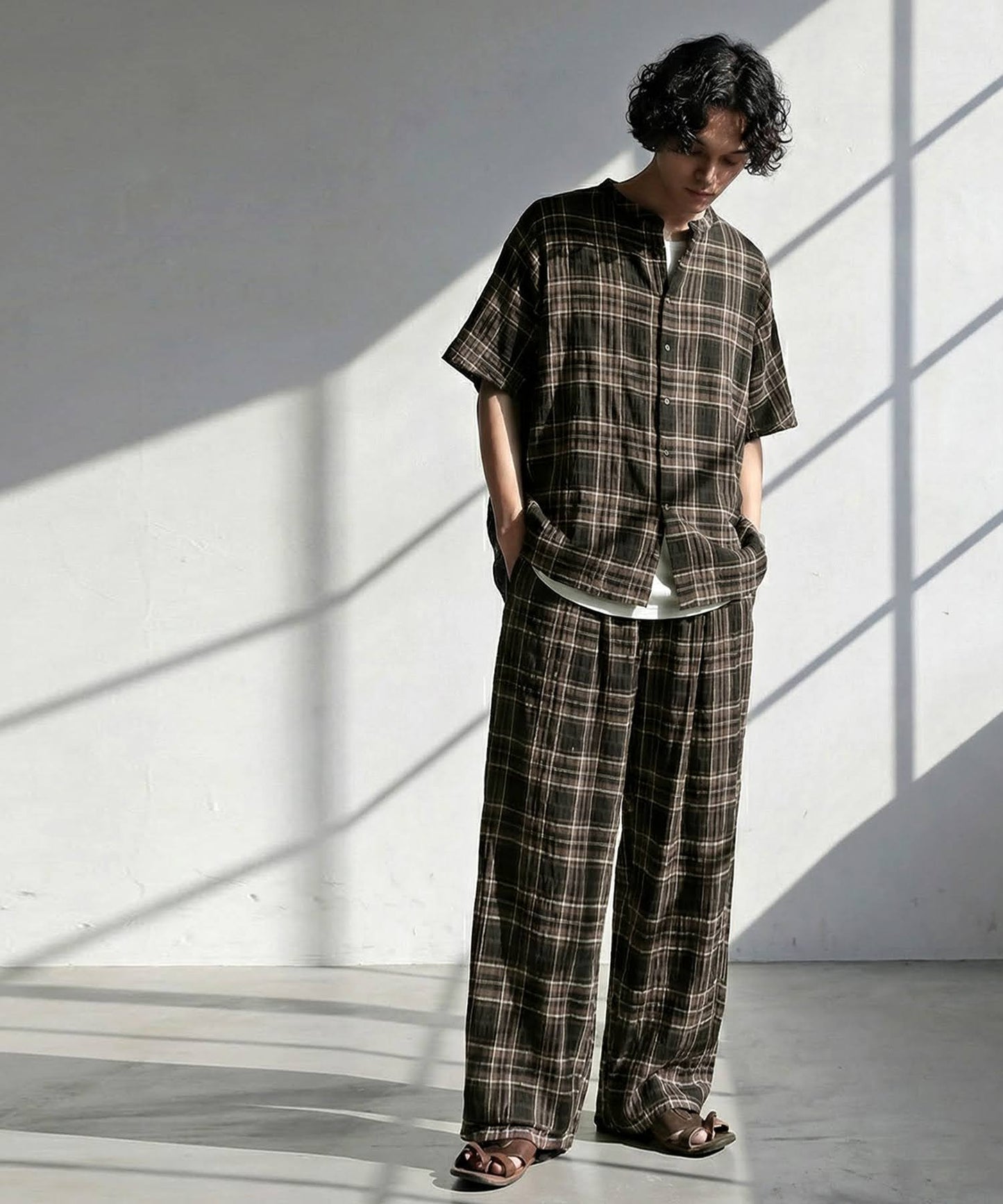 Indian Cotton Checkered Wide-Leg Pants Men’s