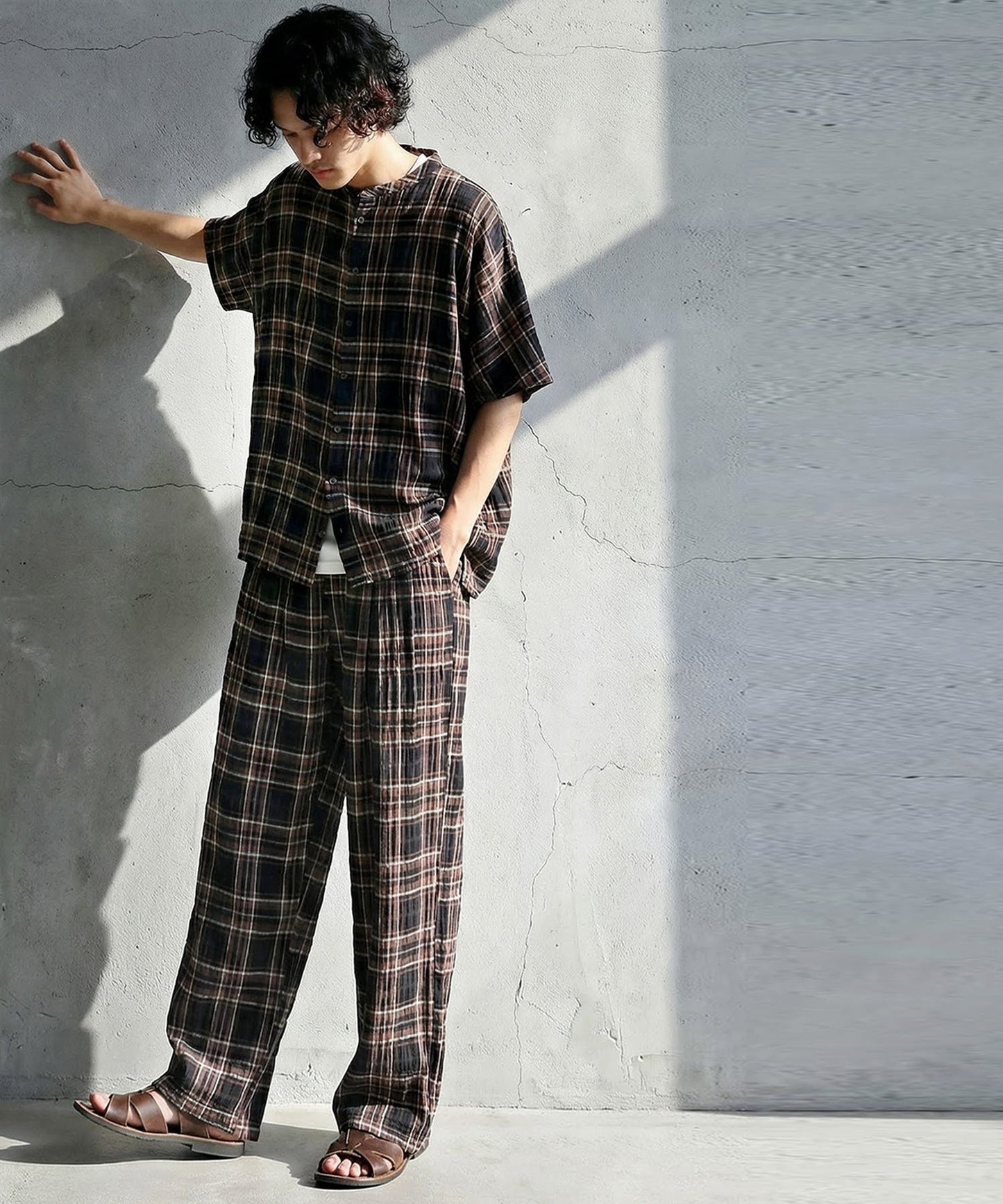 Indian Cotton Checkered Wide-Leg Pants Men’s