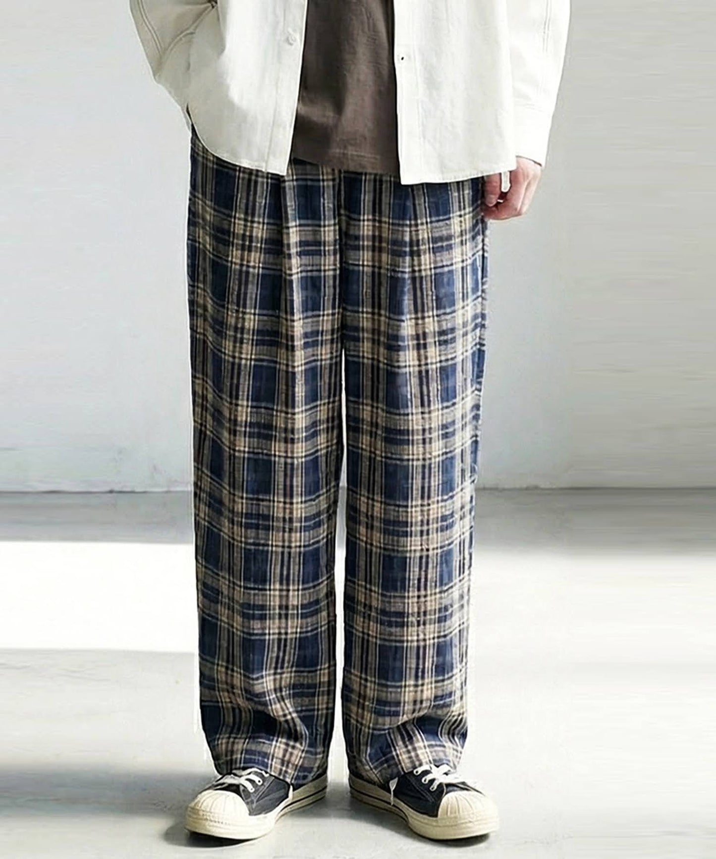 Indian Cotton Checkered Wide-Leg Pants Men’s
