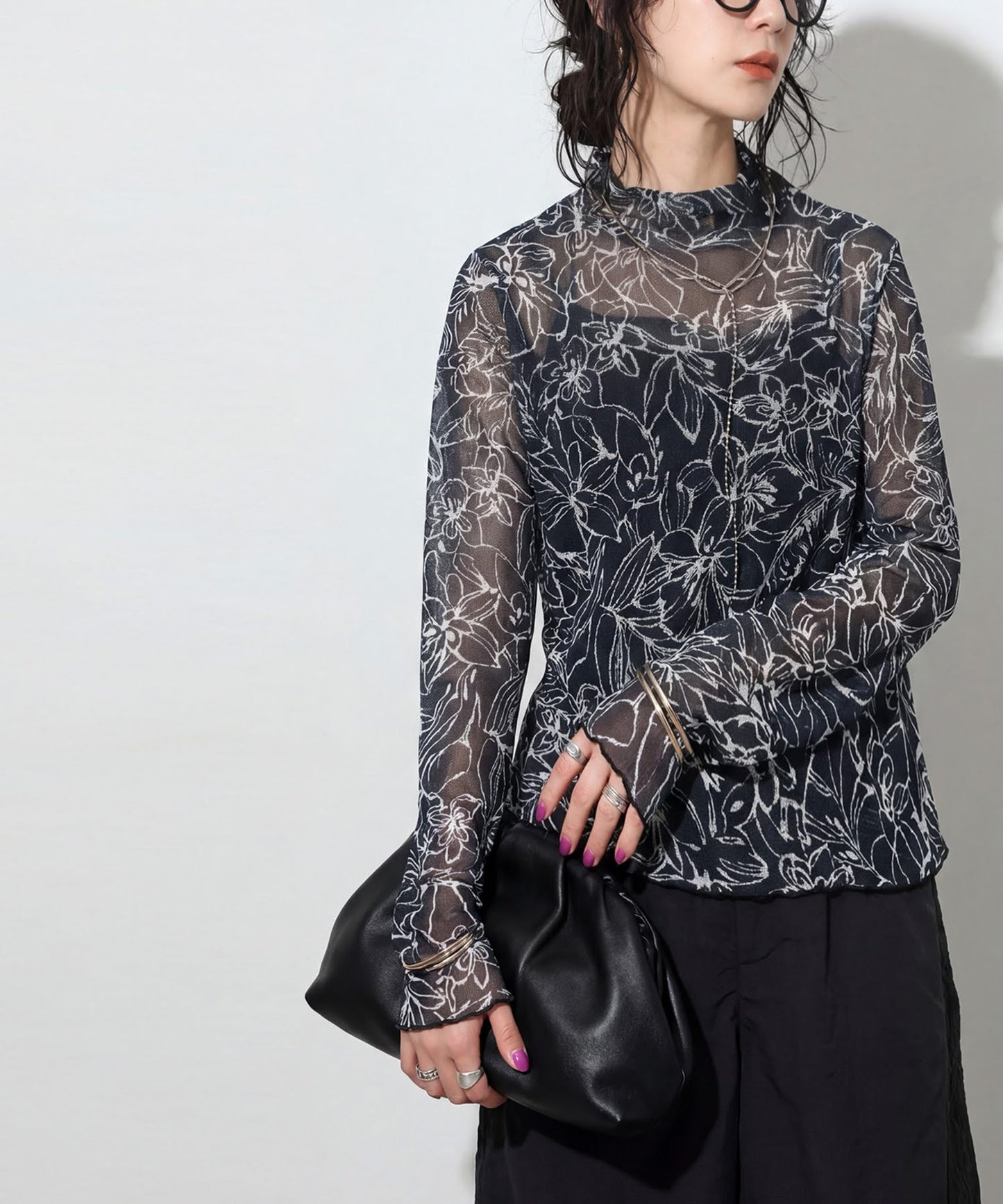 OWNth Floral Print High-Neck Sheer Top Ladies