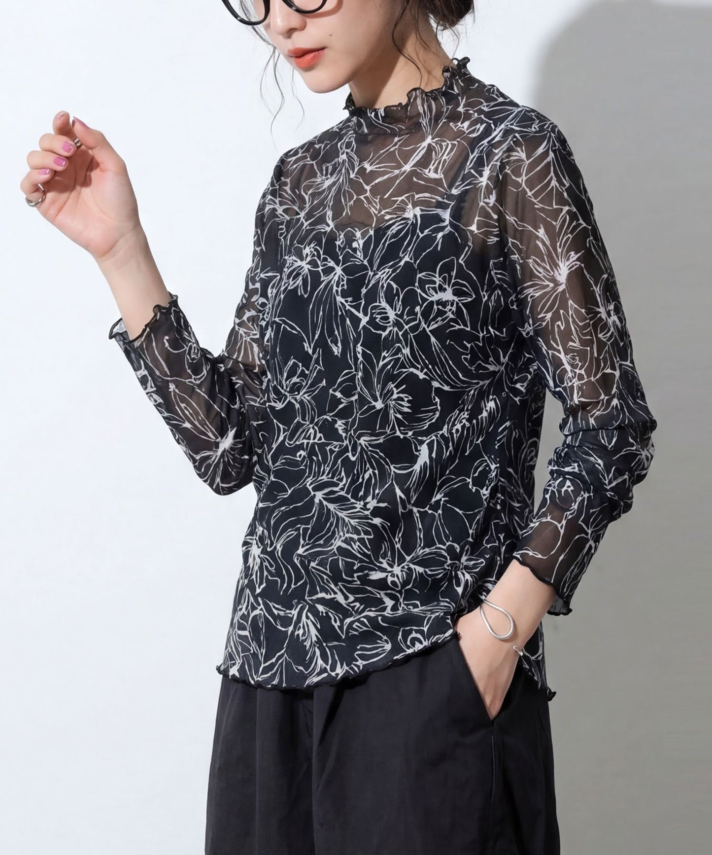 OWNth Floral Print High-Neck Sheer Top Ladies