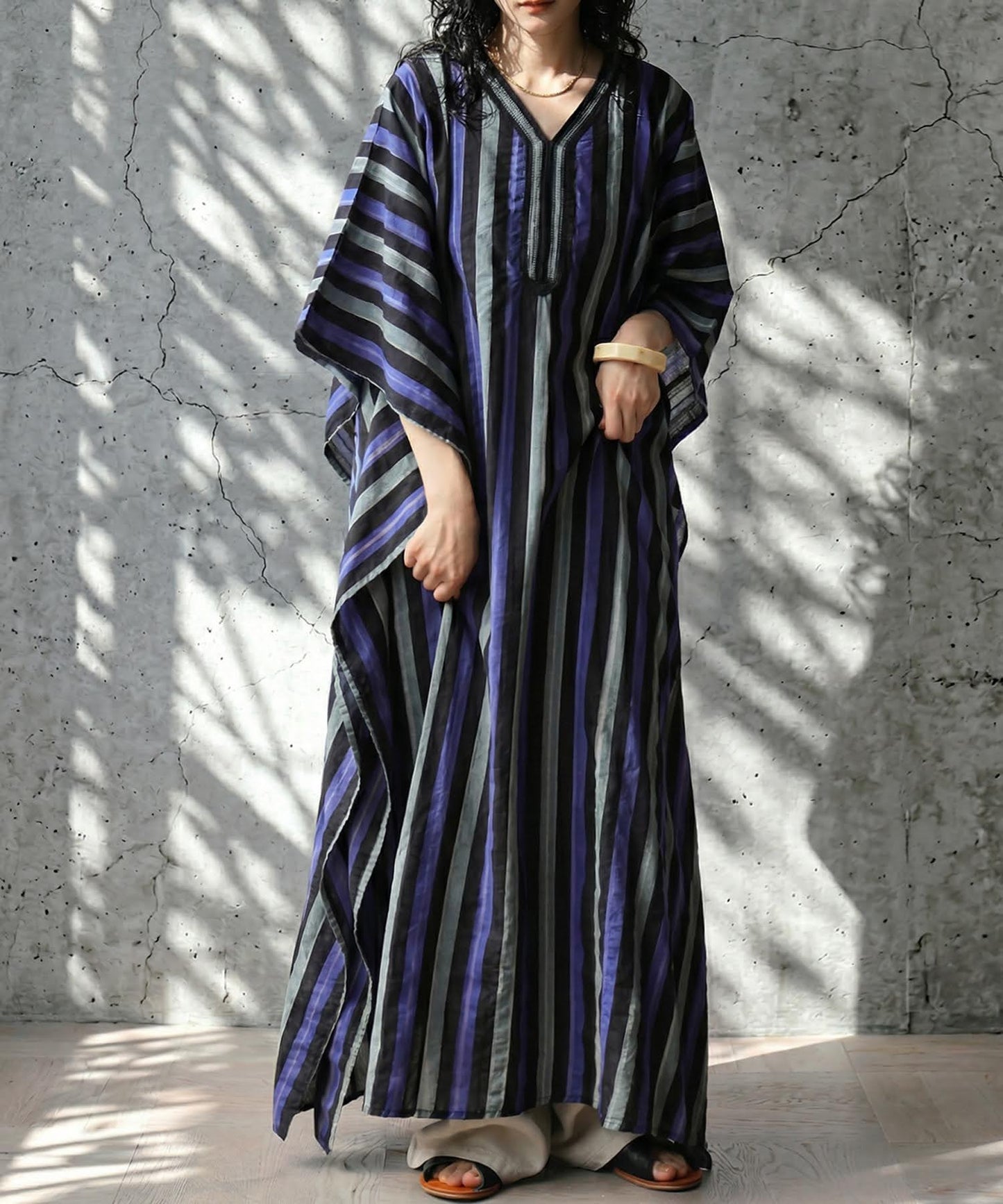 Striped V-Neck Kaftan Dress Ladies