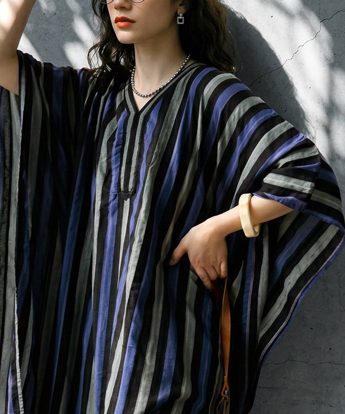 Striped V-Neck Kaftan Dress Ladies