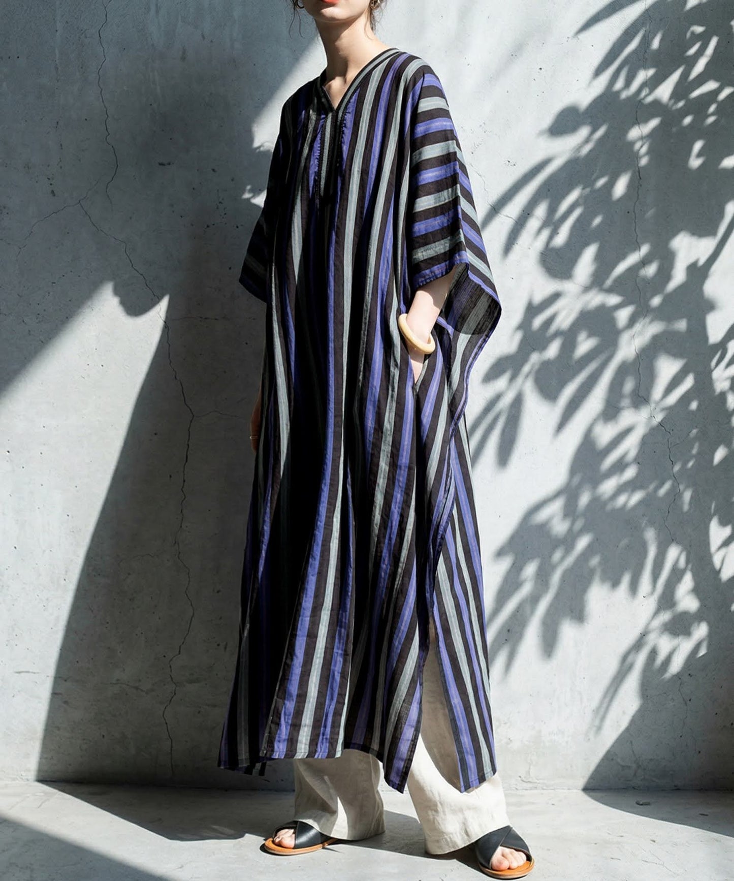 Striped V-Neck Kaftan Dress Ladies