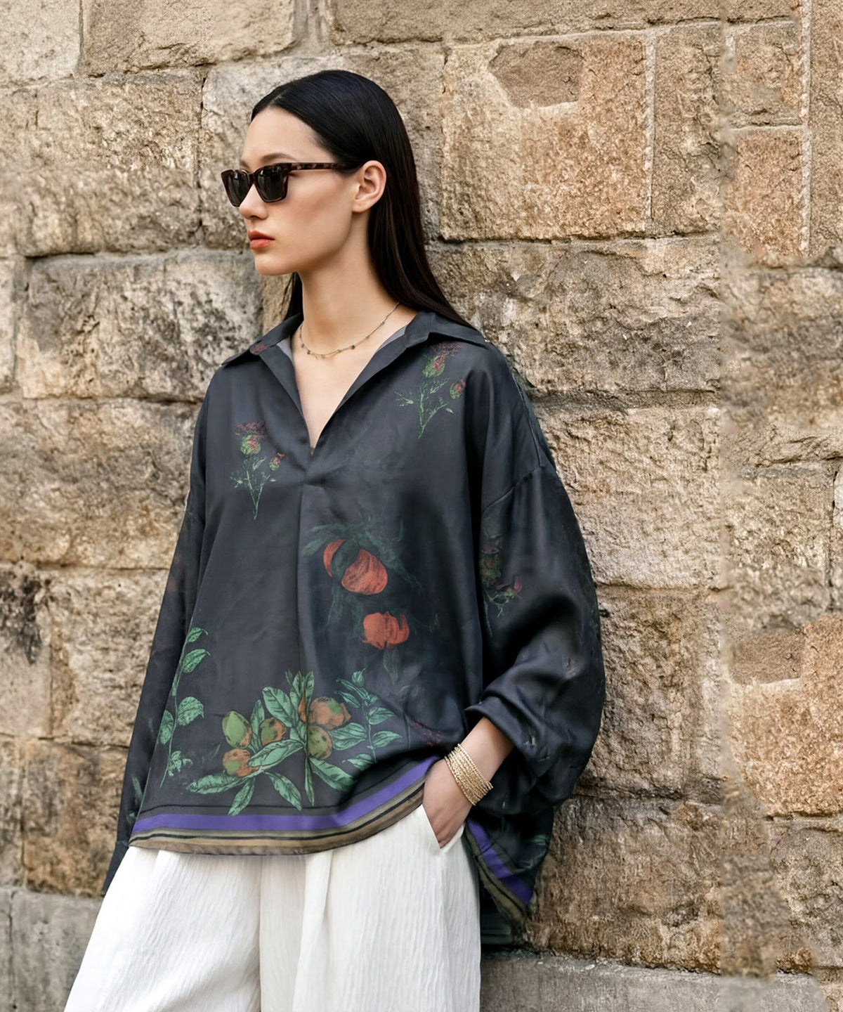 NUUUII Botanical Print Open-Collar Shirt Ladies