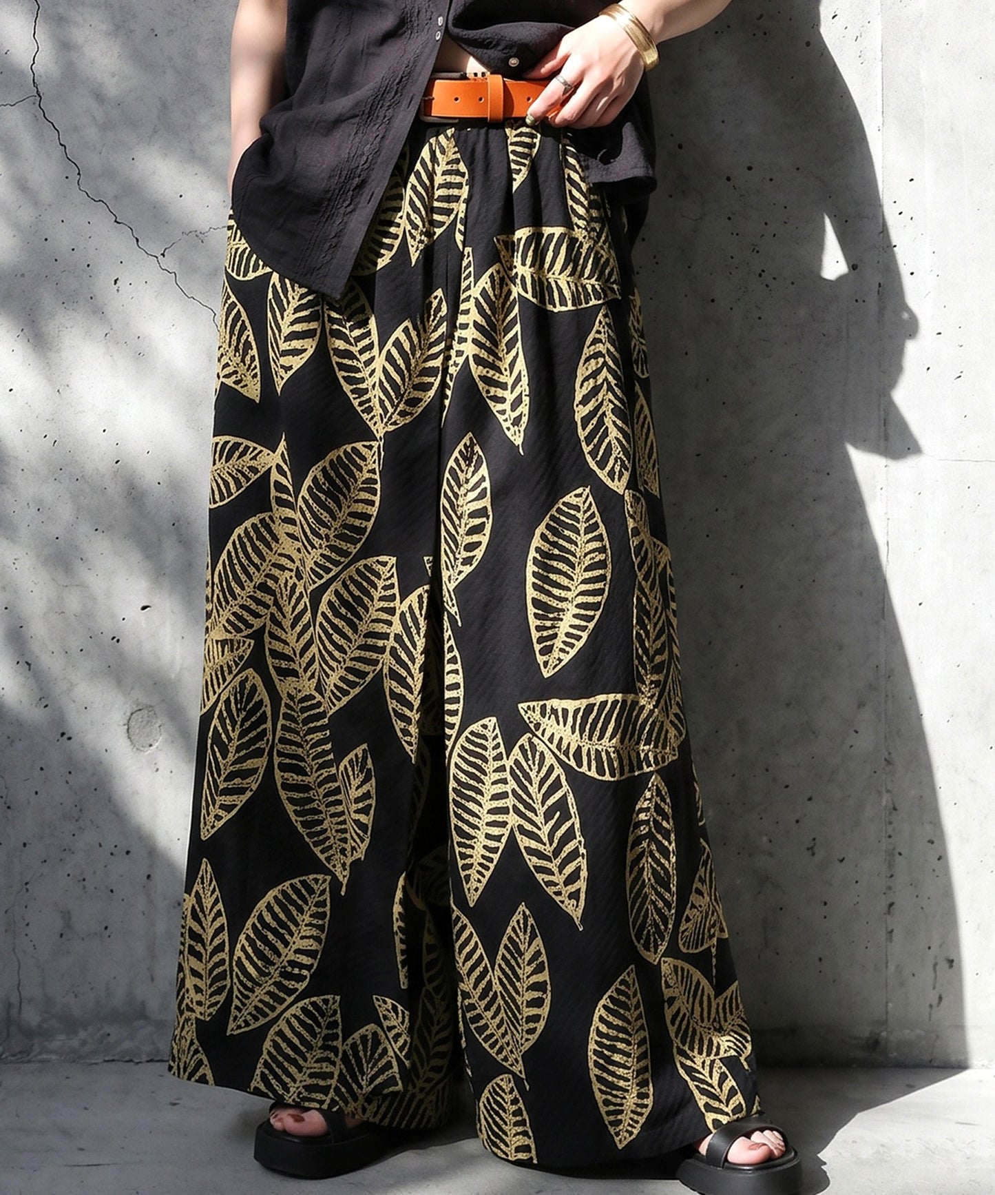 Leaf Print Long Wide-Leg Pants, 100% Cotton Ladies