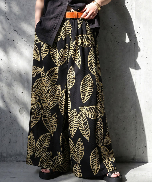 Leaf Print Long Wide-Leg Pants, 100% Cotton Ladies