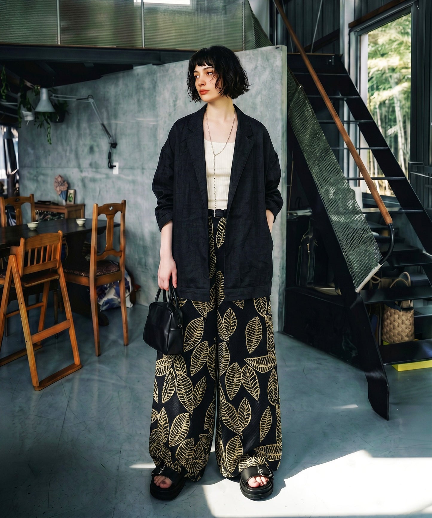 Leaf Print Long Wide-Leg Pants, 100% Cotton Ladies