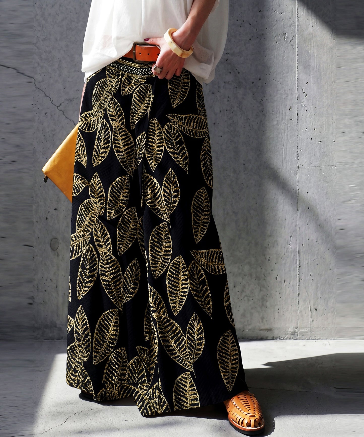 Leaf Print Long Wide-Leg Pants, 100% Cotton Ladies