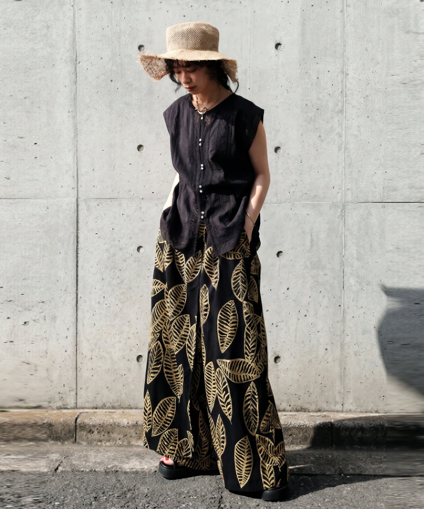 Leaf Print Long Wide-Leg Pants, 100% Cotton Ladies