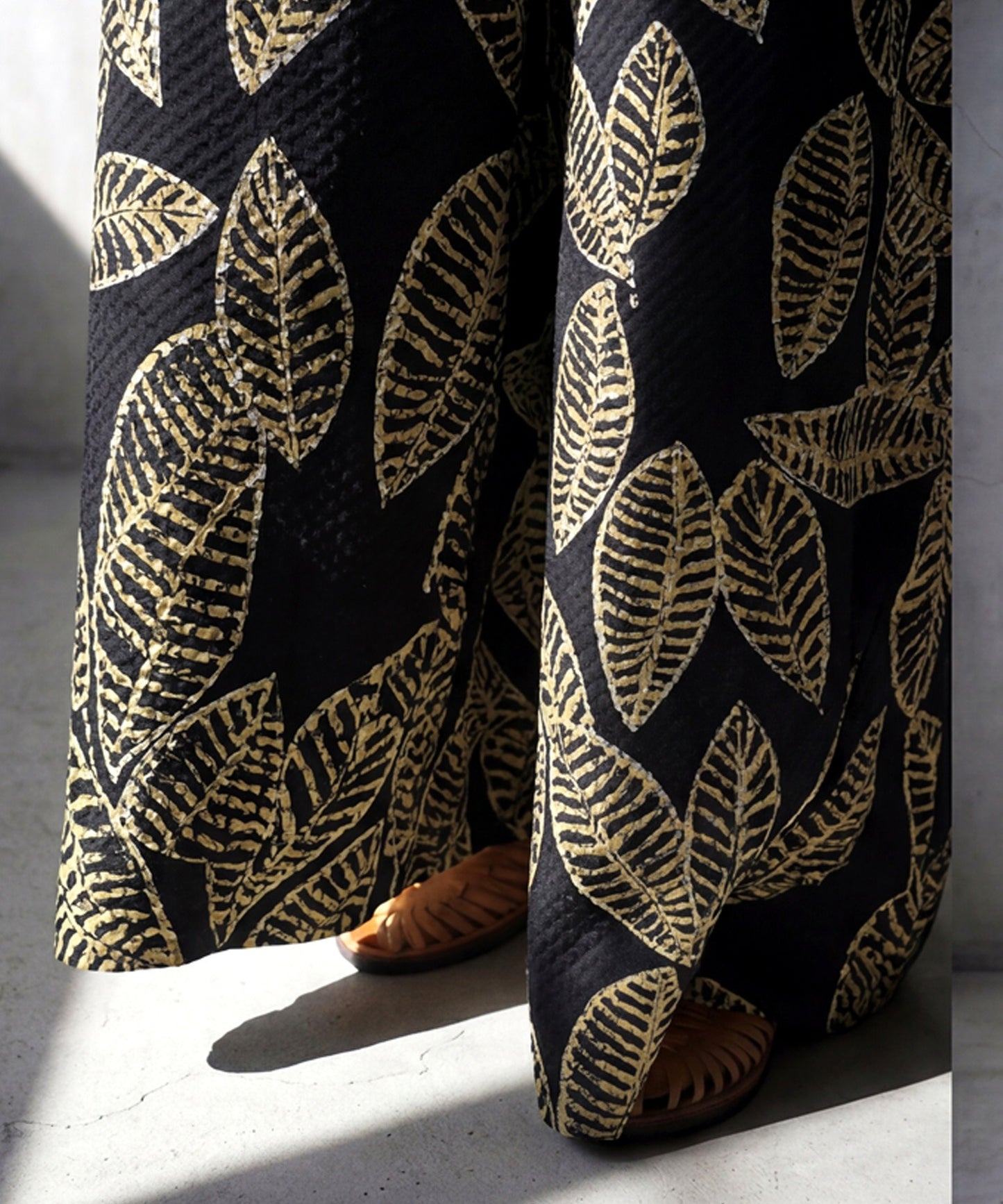 Leaf Print Long Wide-Leg Pants, 100% Cotton Ladies