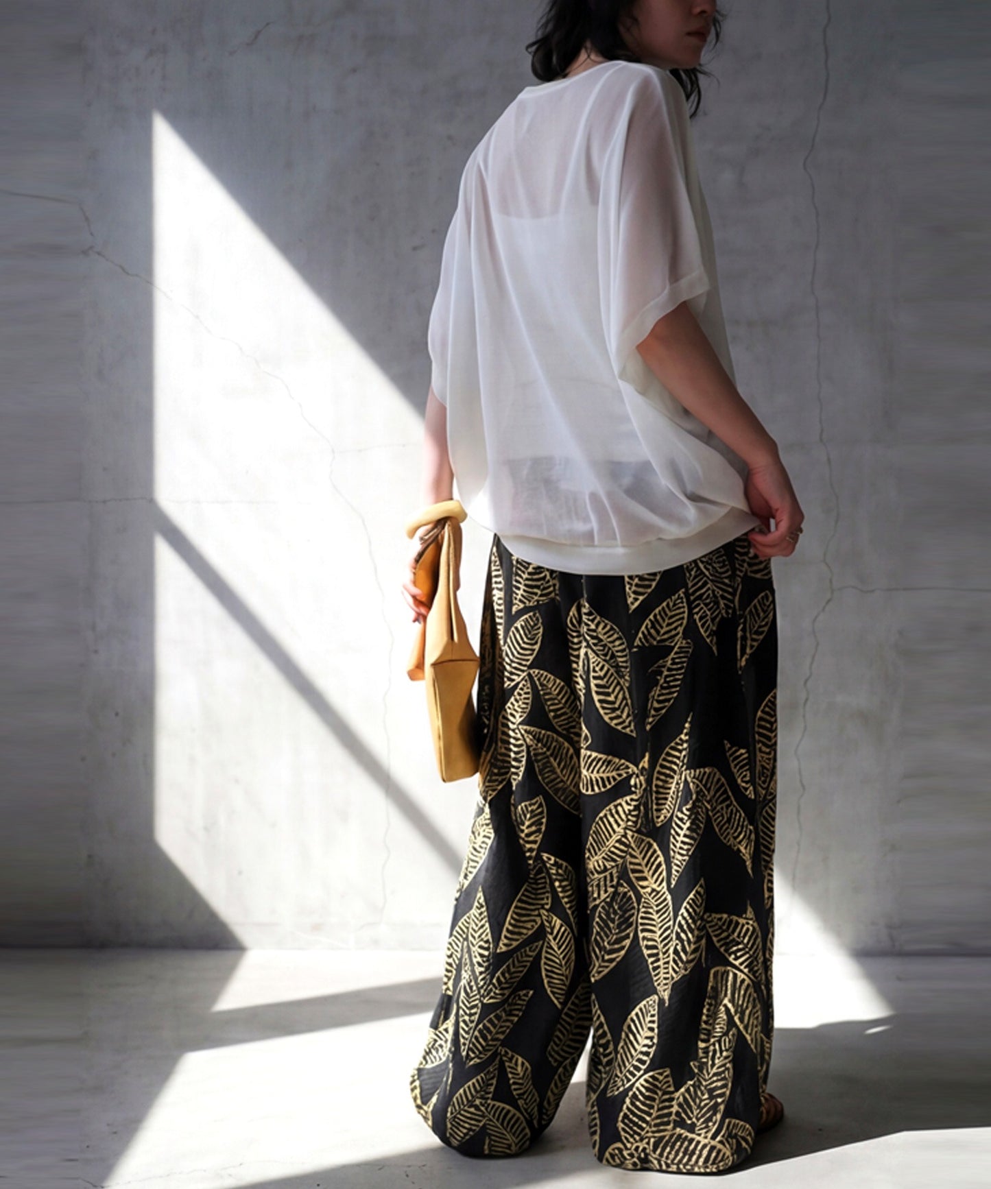 Leaf Print Long Wide-Leg Pants, 100% Cotton Ladies