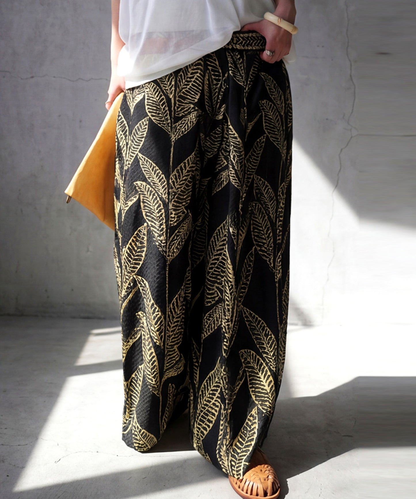 Leaf Print Long Wide-Leg Pants, 100% Cotton Ladies