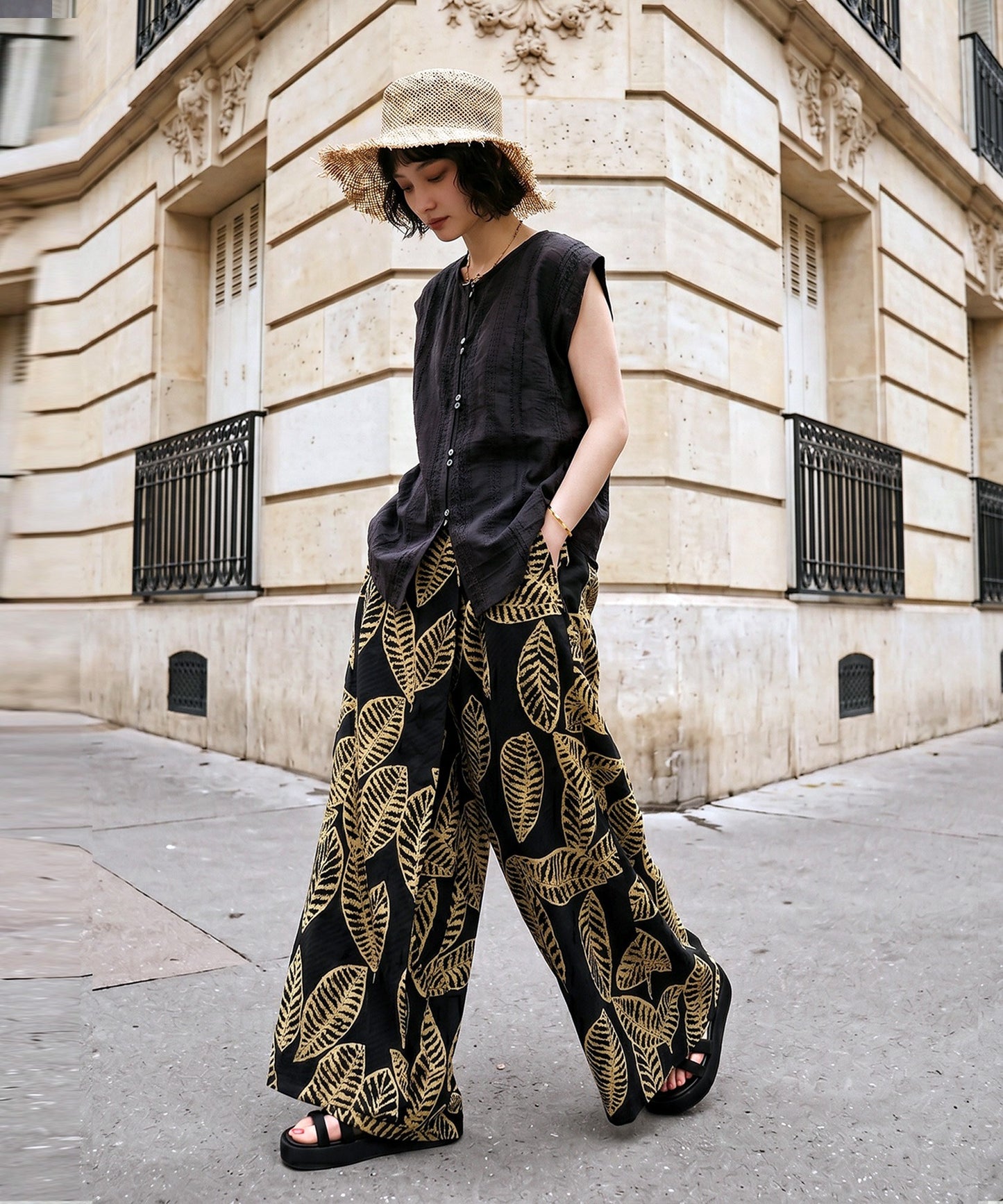 Leaf Print Long Wide-Leg Pants, 100% Cotton Ladies