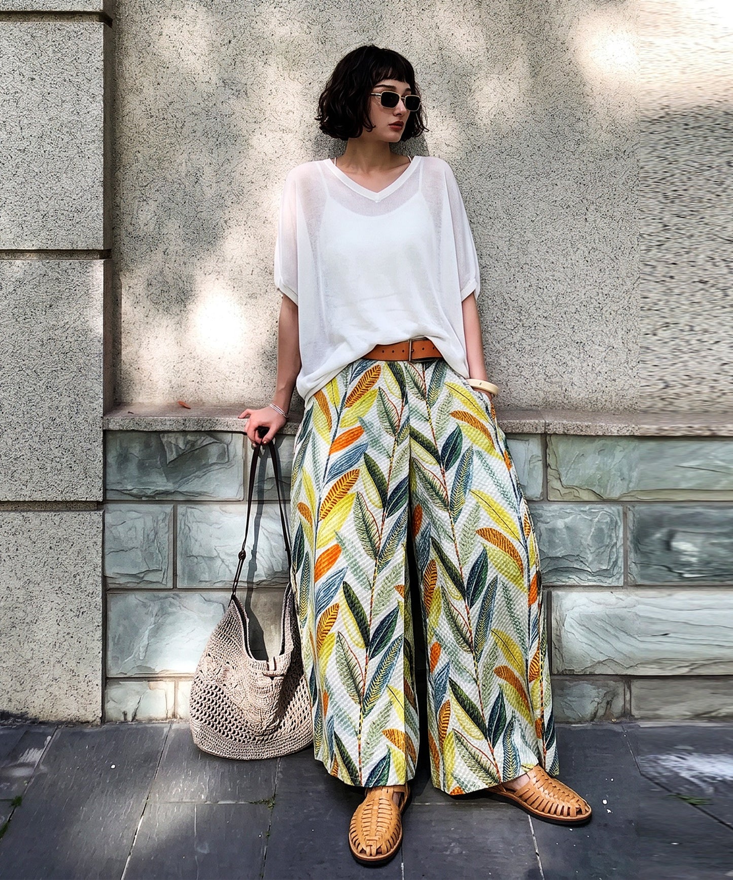 Botanical Print Wrap-Style Pants Ladies