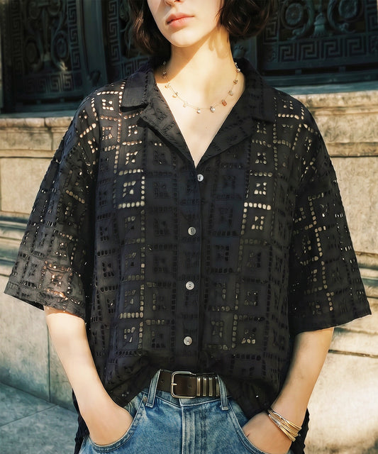 Open-Collar Chiffon Embroidered Shirt Ladies