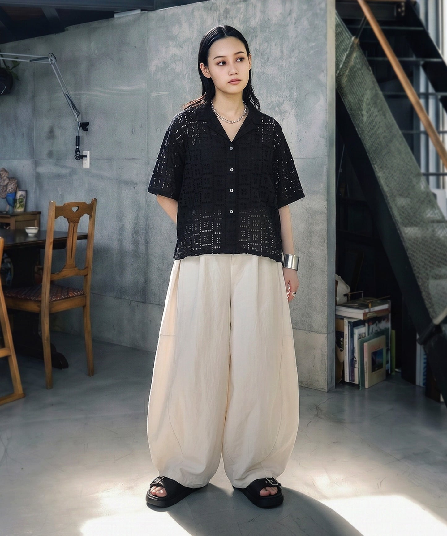 Open-Collar Chiffon Embroidered Shirt Ladies