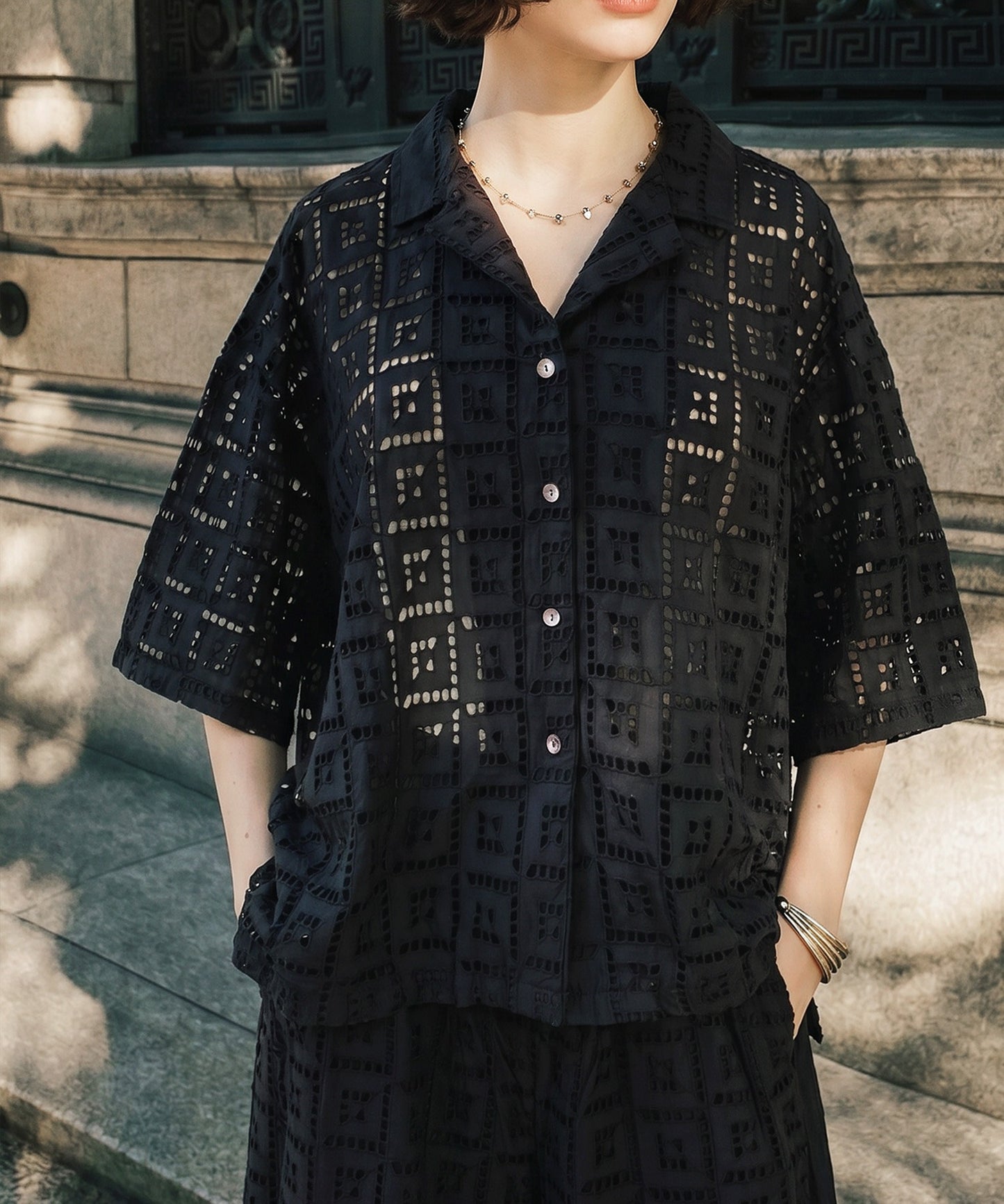 Open-Collar Chiffon Embroidered Shirt Ladies