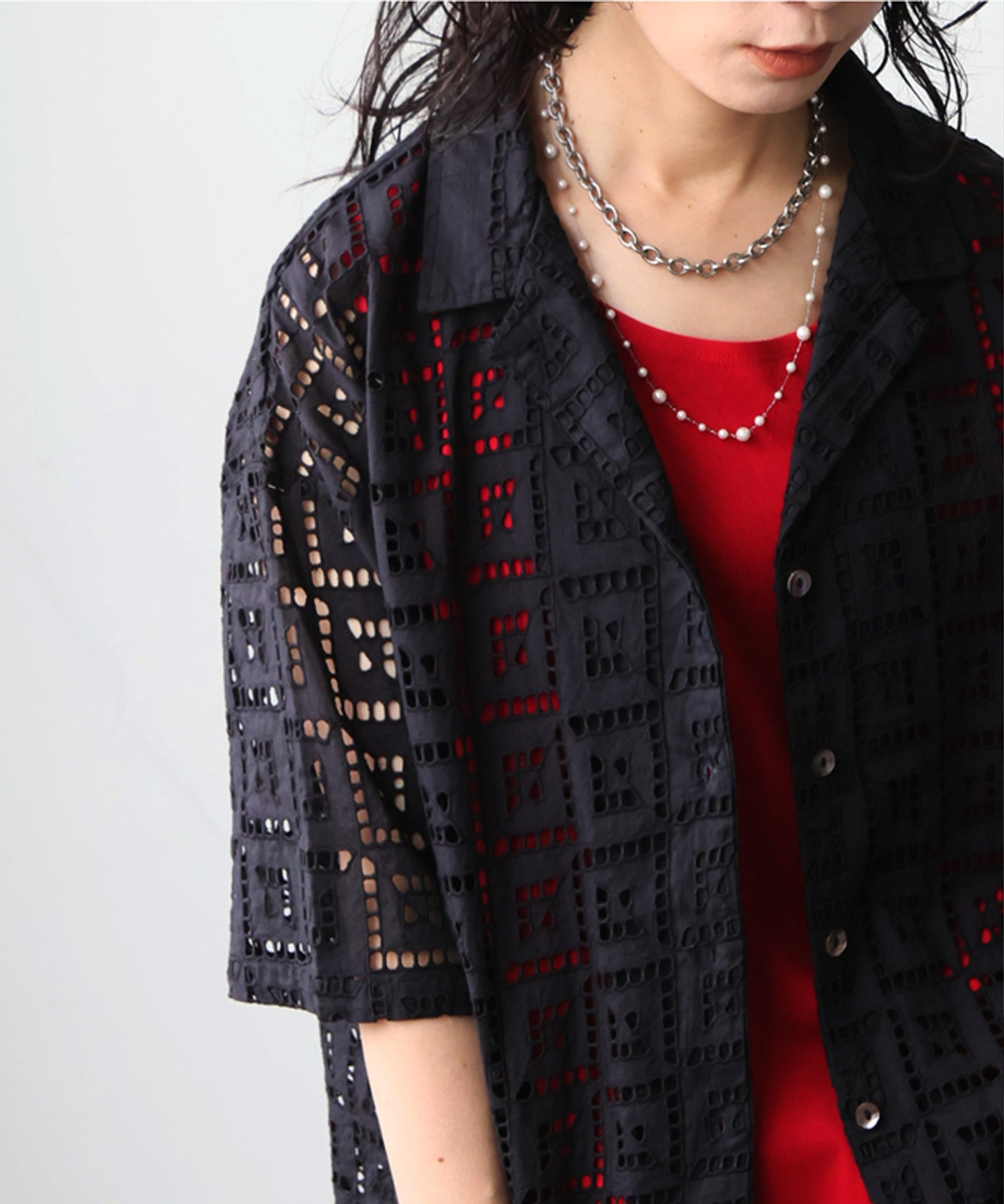 Open-Collar Chiffon Embroidered Shirt Ladies
