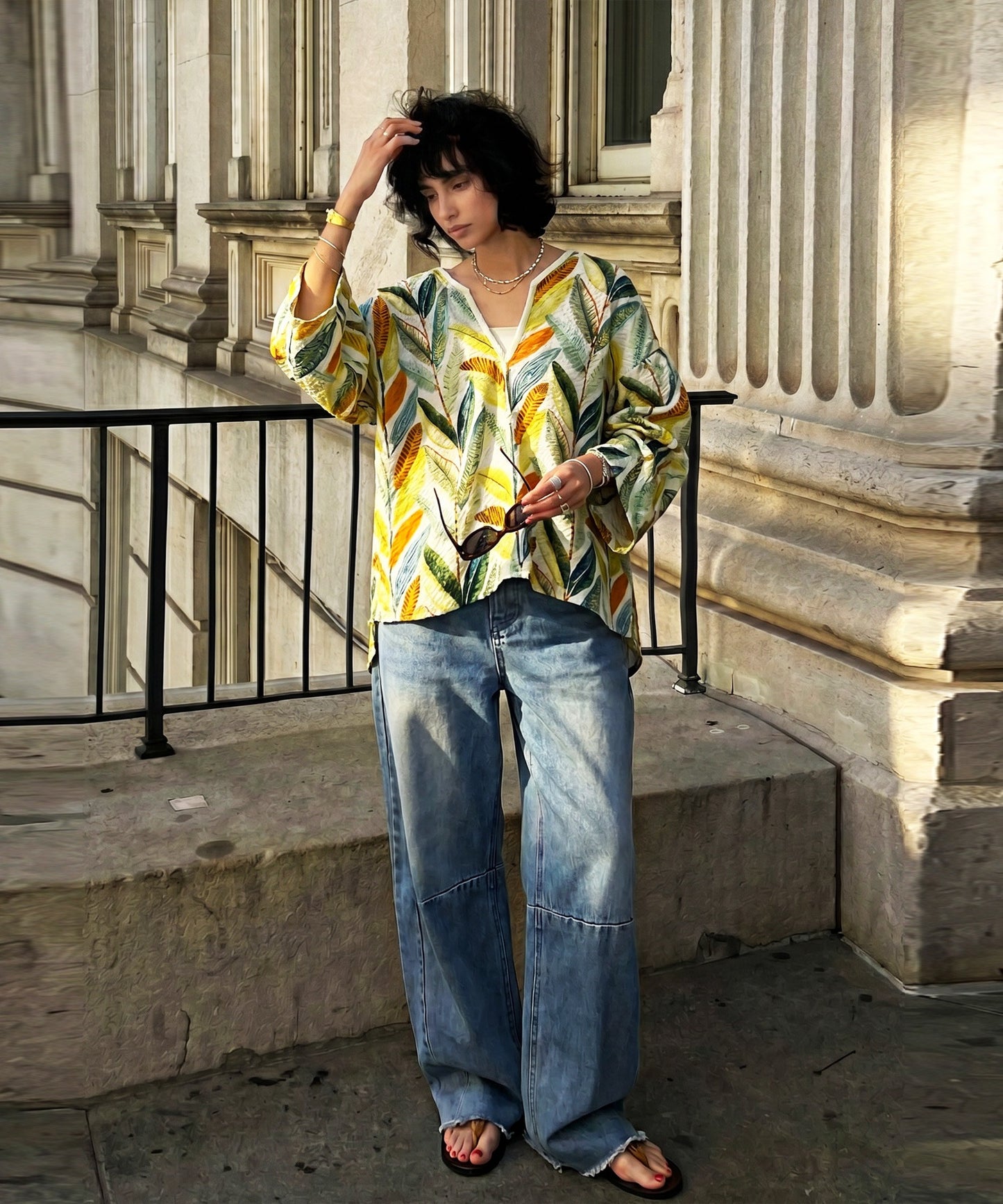 Keyhole Neckline, 100% Cotton, Botanical Print Pullover Ladies