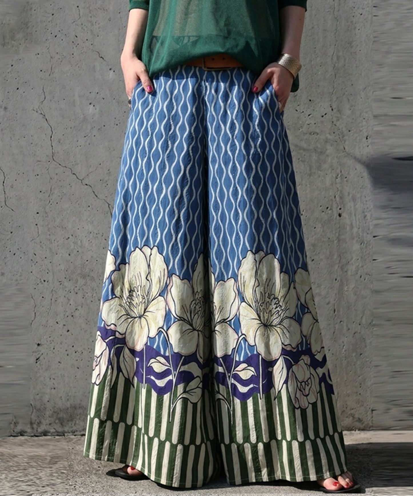 Floral Print Wide-Leg Pants, 100% Cotton Ladies