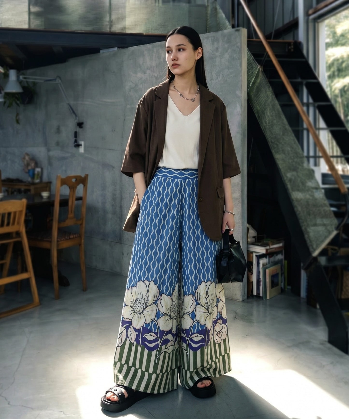 Floral Print Wide-Leg Pants, 100% Cotton Ladies