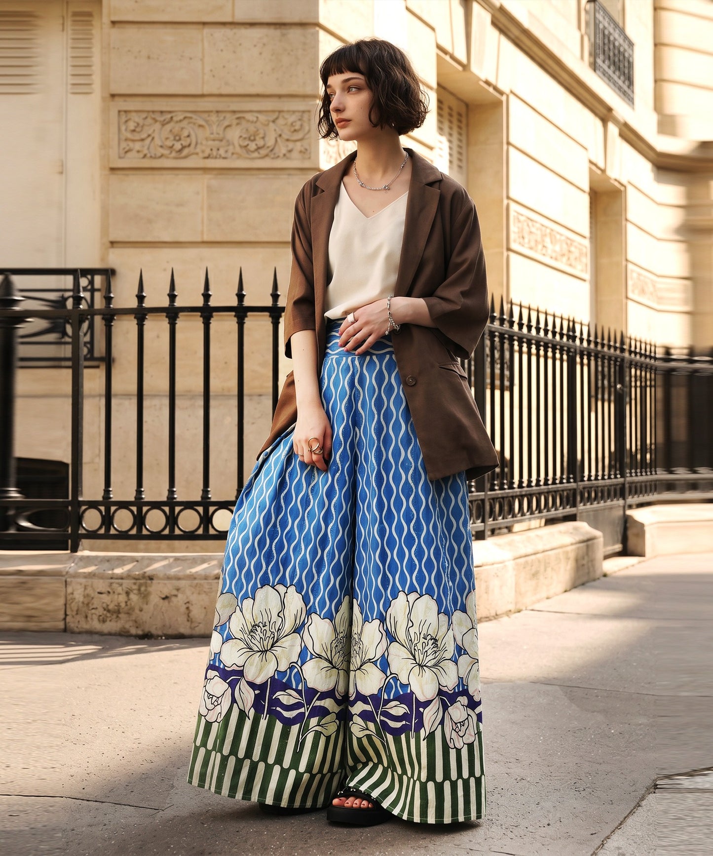 Floral Print Wide-Leg Pants, 100% Cotton Ladies