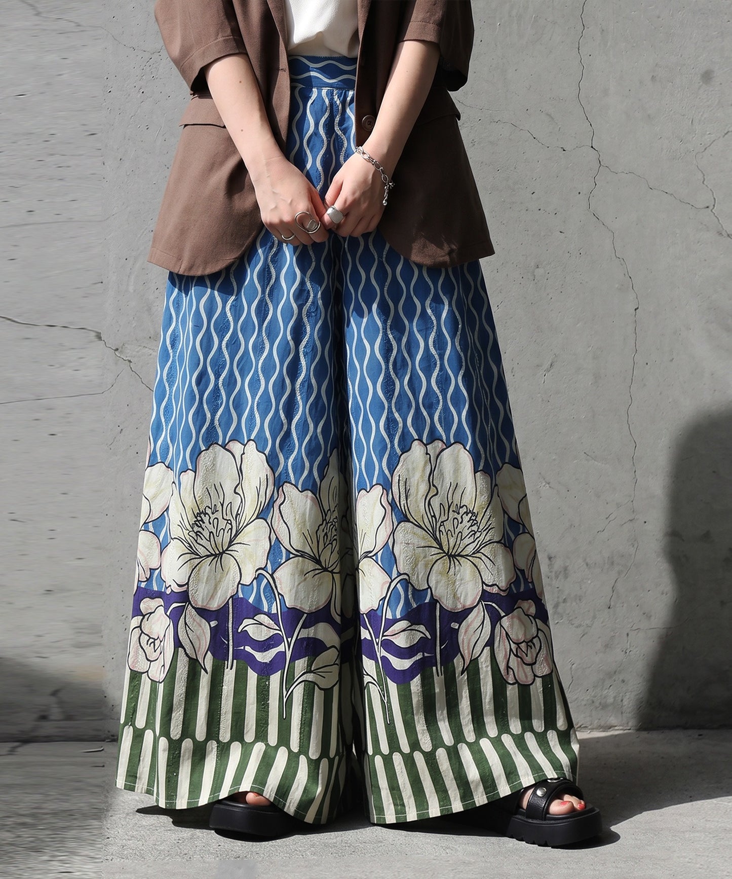 Floral Print Wide-Leg Pants, 100% Cotton Ladies