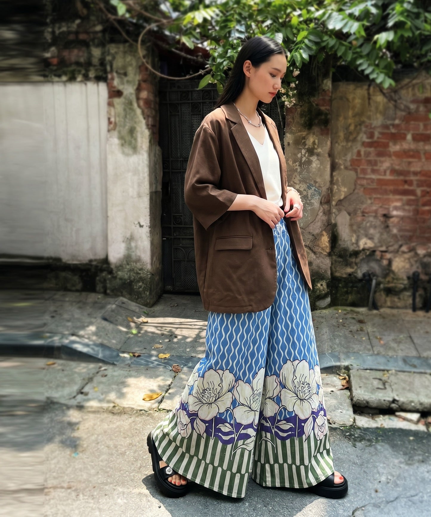 Floral Print Wide-Leg Pants, 100% Cotton Ladies