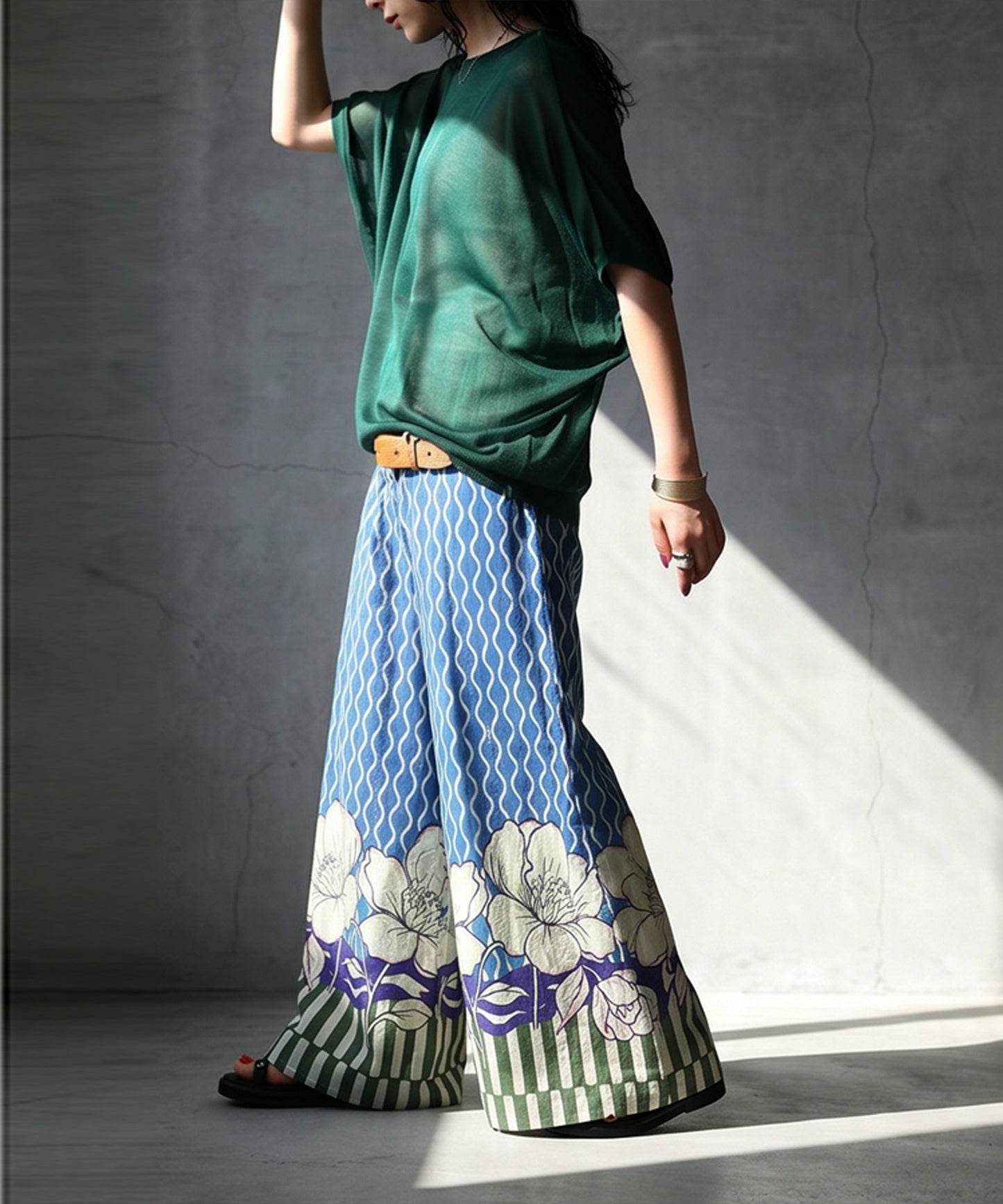 Floral Print Wide-Leg Pants, 100% Cotton Ladies