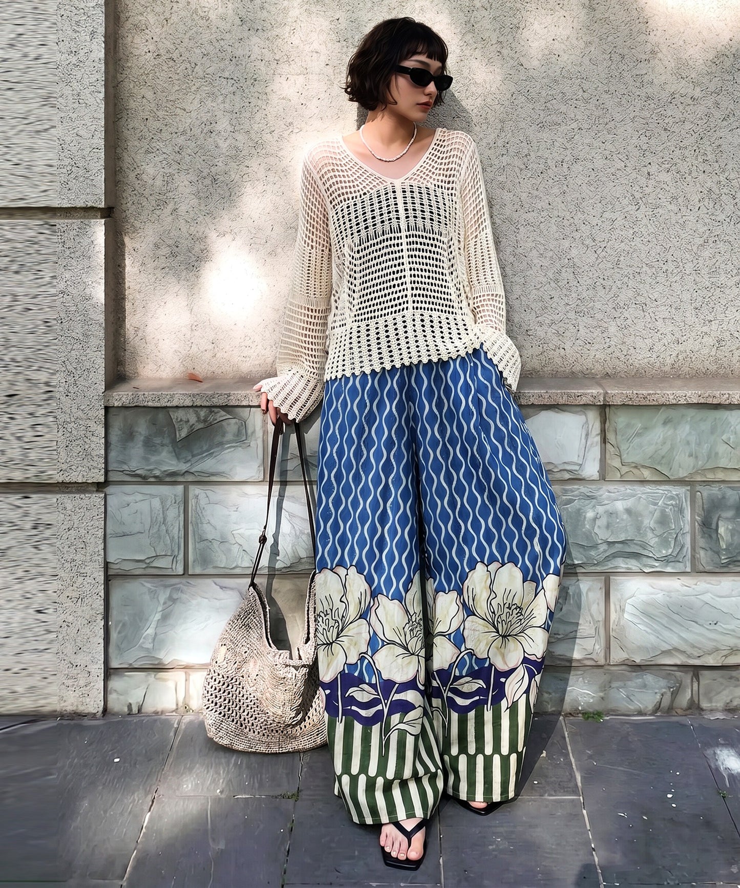 Floral Print Wide-Leg Pants, 100% Cotton Ladies