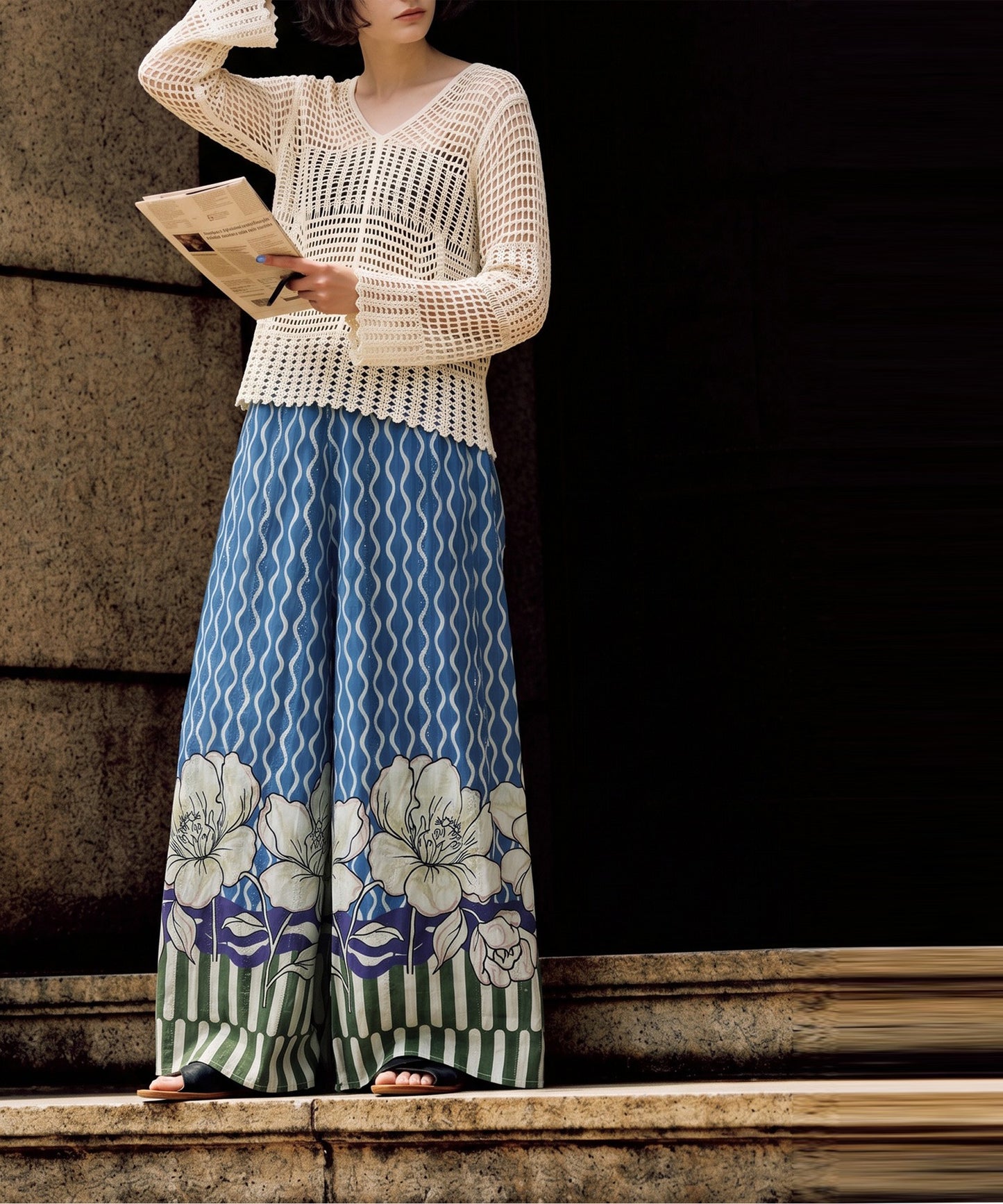 Floral Print Wide-Leg Pants, 100% Cotton Ladies