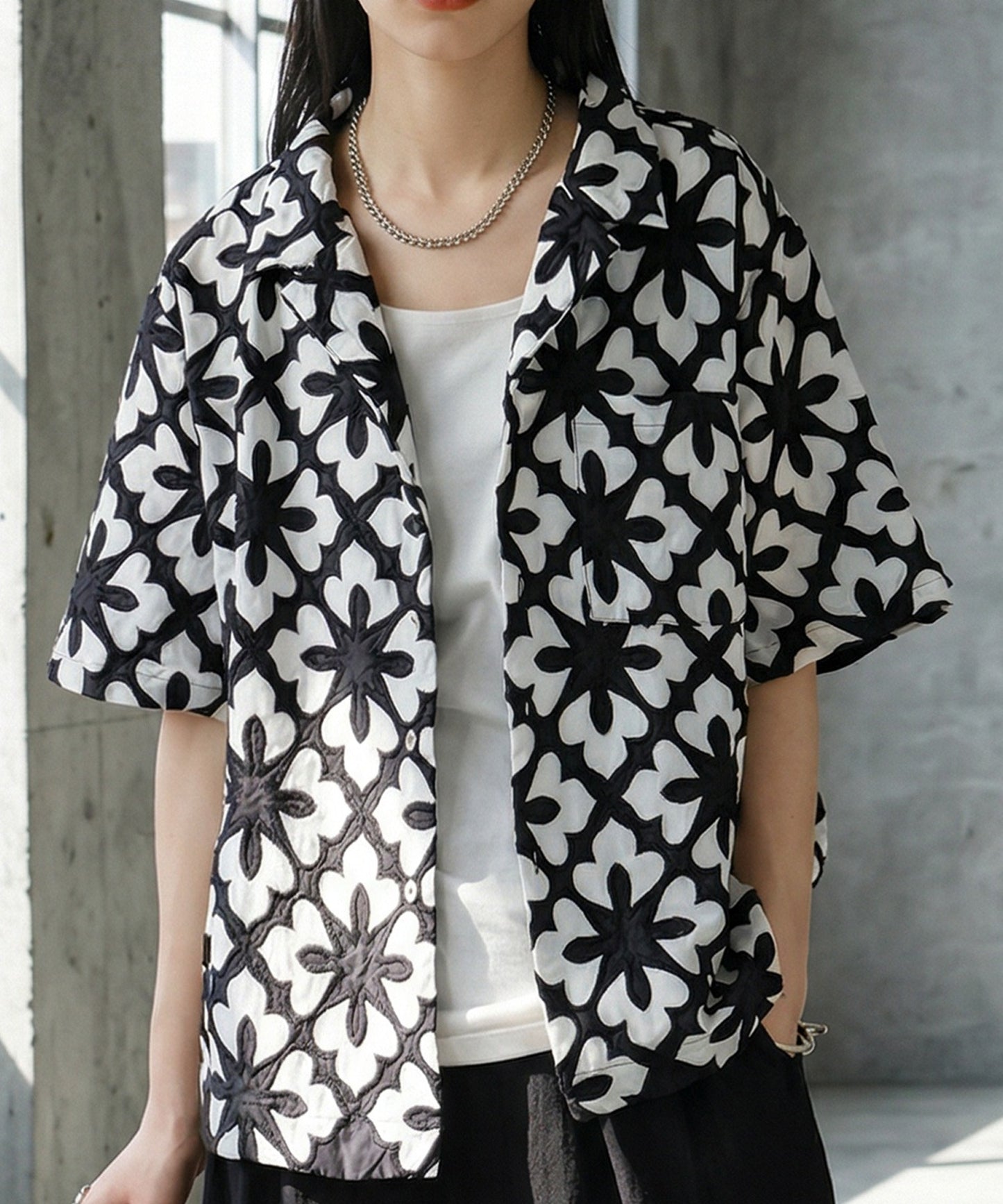 Open-Collar Cotton Embroidered Shirt Ladies