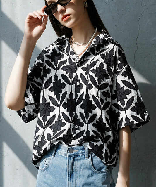 Open-Collar Cotton Embroidered Shirt Ladies