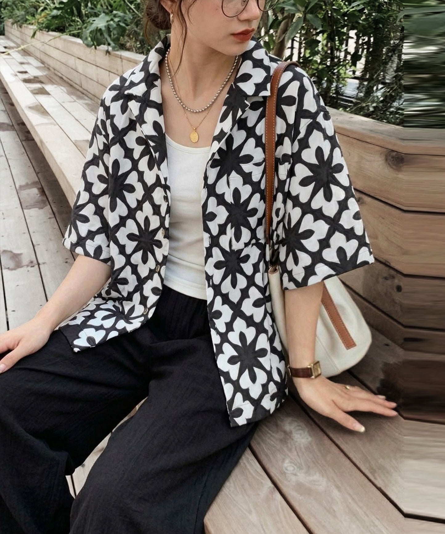 Open-Collar Cotton Embroidered Shirt Ladies