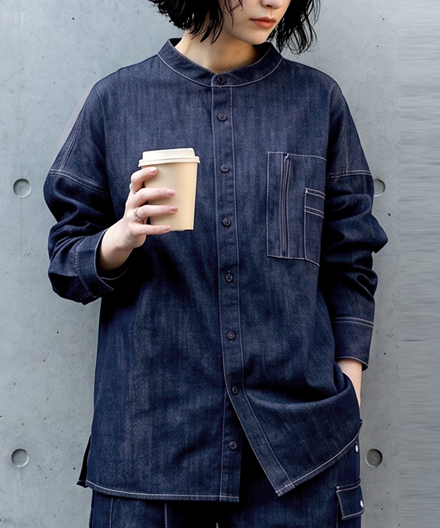 ATELIER WORKS Denim Shirt With Chest Pocket, Pen Holder, And Contrasting Stitching Ladies