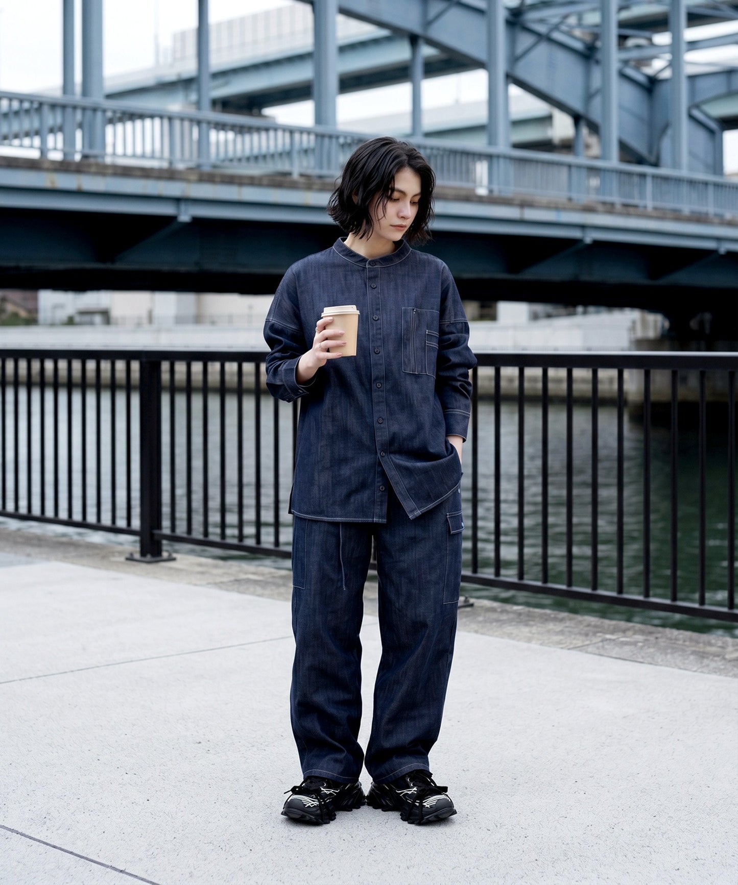 ATELIER WORKS Denim Shirt With Chest Pocket, Pen Holder, And Contrasting Stitching Ladies
