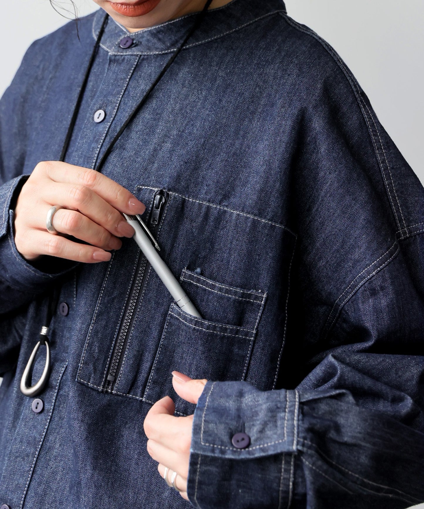 ATELIER WORKS Denim Shirt With Chest Pocket, Pen Holder, And Contrasting Stitching Ladies