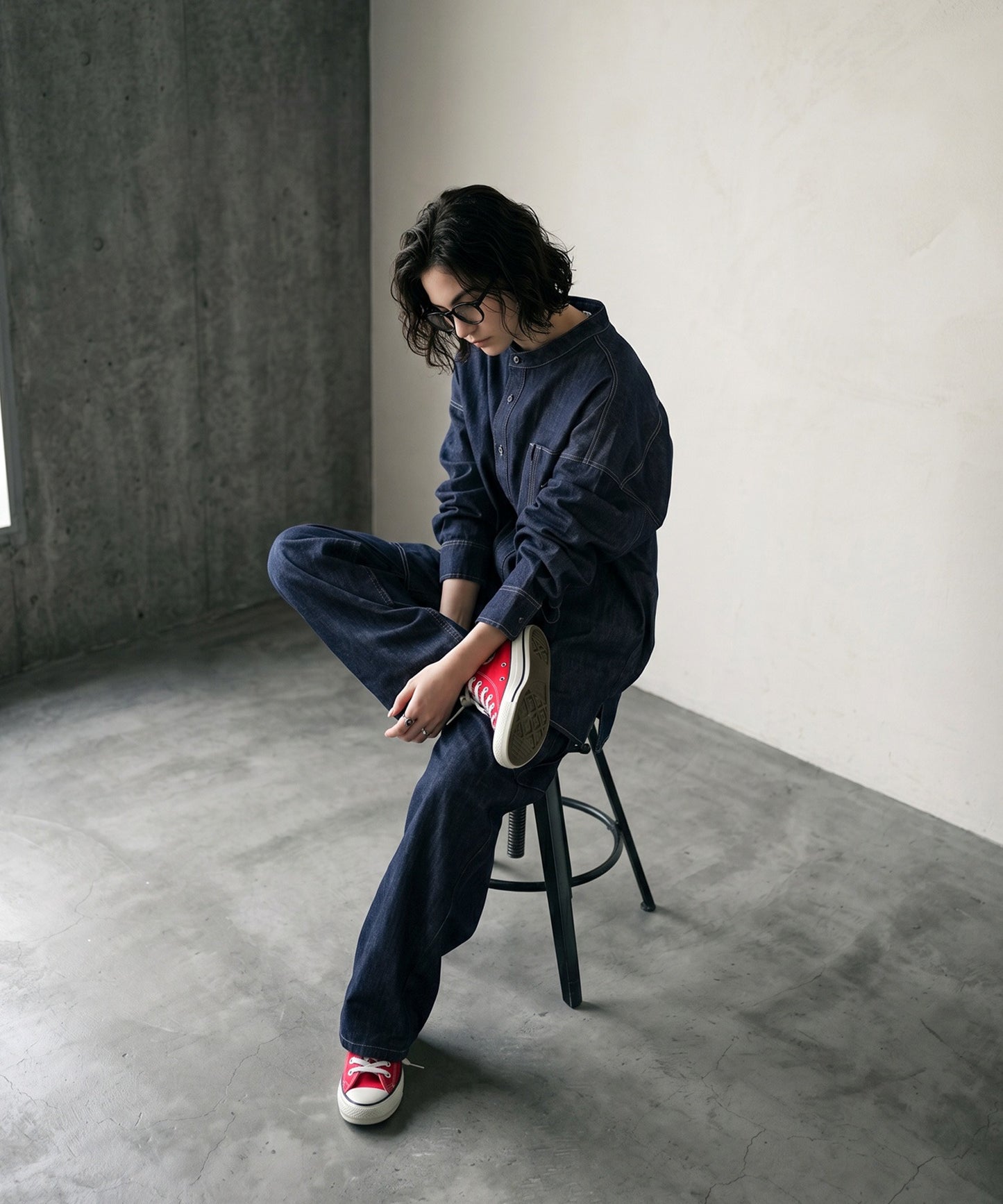 ATELIER WORKS Denim Shirt With Chest Pocket, Pen Holder, And Contrasting Stitching Ladies