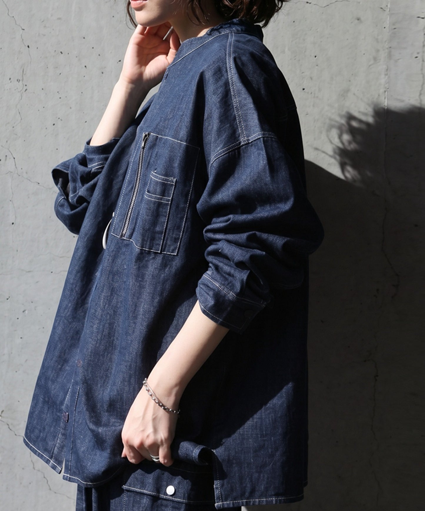 ATELIER WORKS Denim Shirt With Chest Pocket, Pen Holder, And Contrasting Stitching Ladies