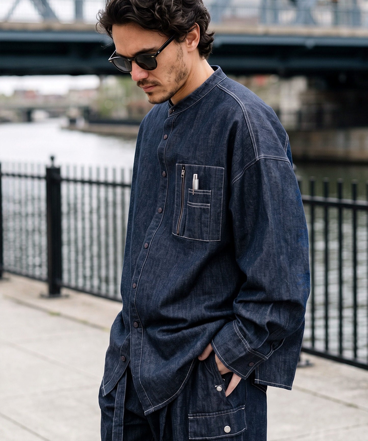 ATELIER WORKS Denim Shirt With Chest Pocket, Pen Holder, And Contrasting Stitching Men’s