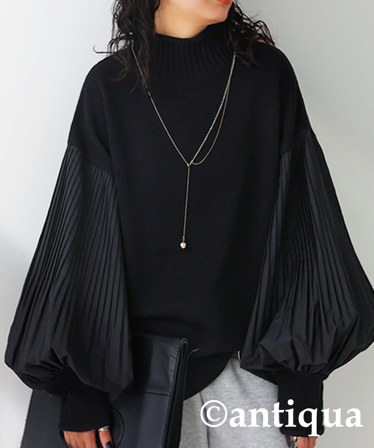 Sleeve Pleated High Neck Knit Ladies