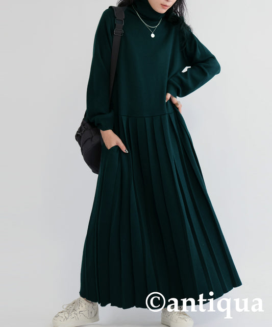 High neck knit pleated dress Ladies