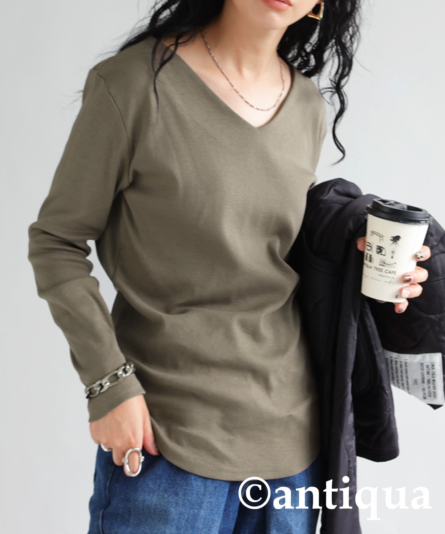 Cotton V -neck Long sleeve T-shirt Ladies Tops Cotton