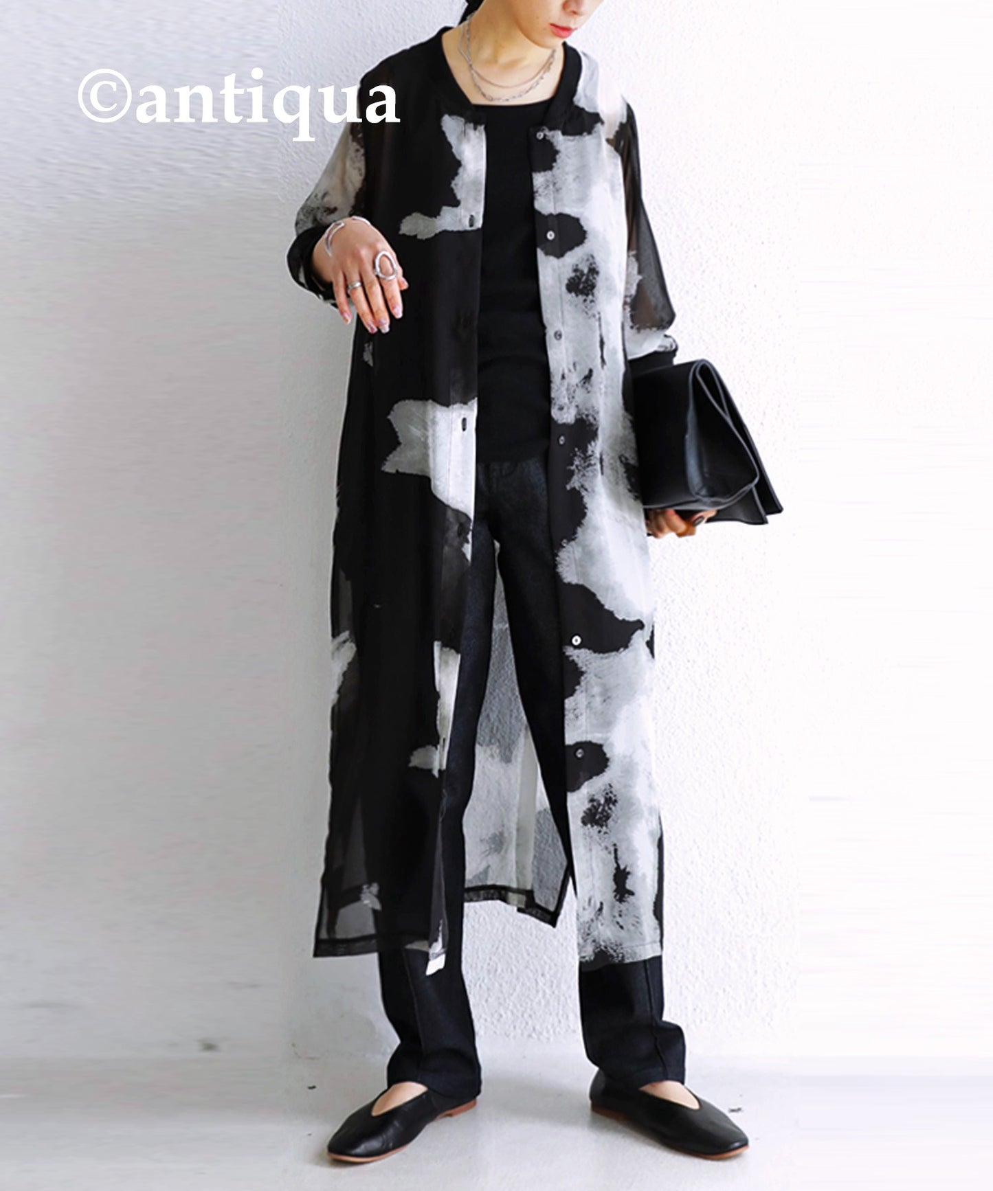 Sheer Ladies long cardigan monochrome watercolor pattern