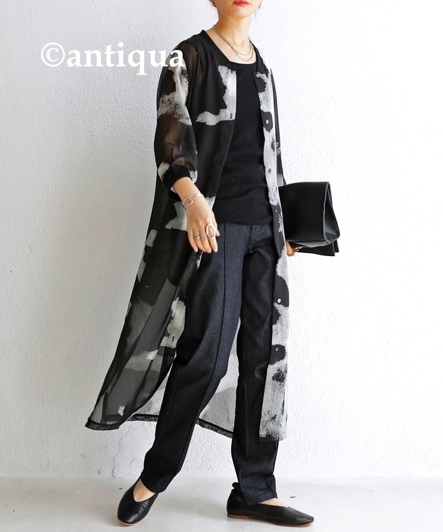 Sheer Ladies long cardigan monochrome watercolor pattern