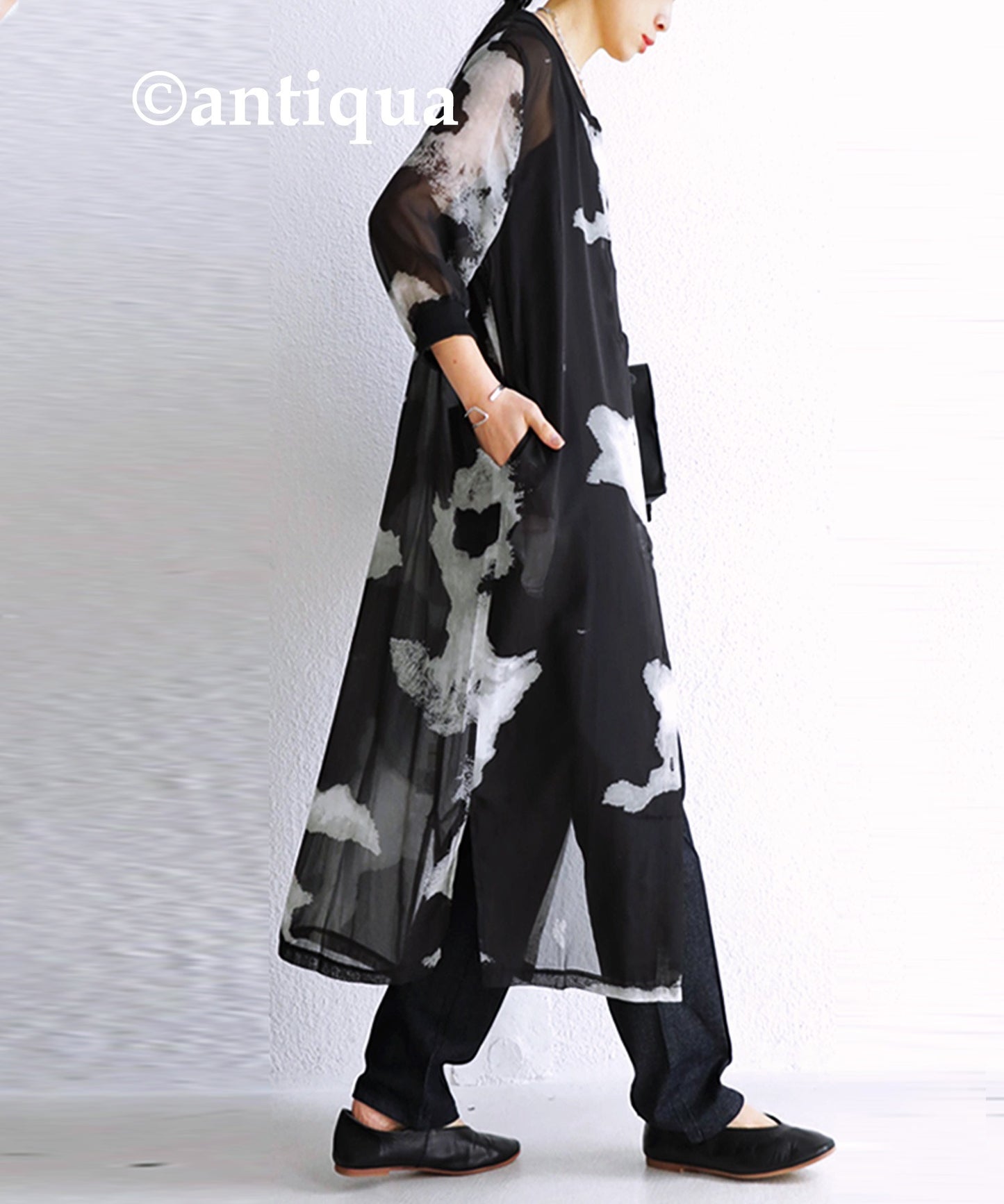 Sheer Ladies long cardigan monochrome watercolor pattern