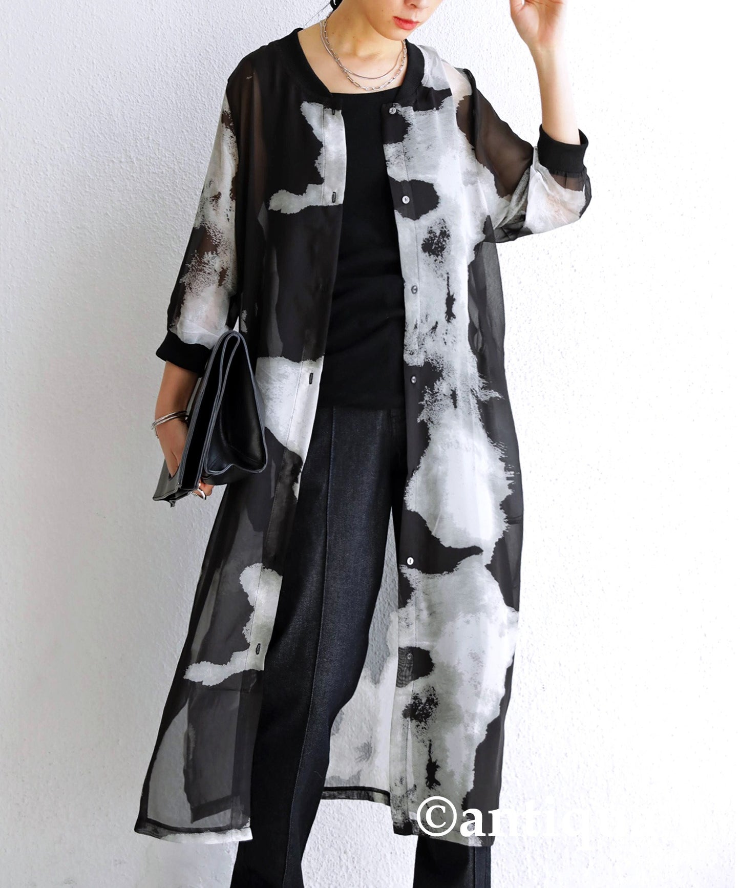 Sheer Ladies long cardigan monochrome watercolor pattern